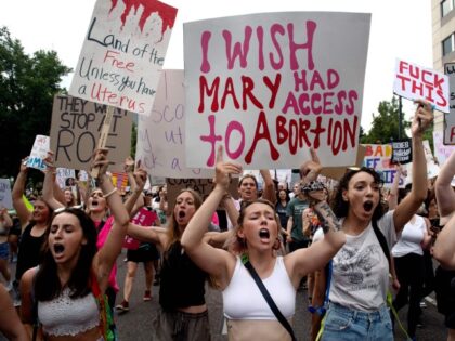 Abortion rights activists protest in Denver, Colorado on June 27, 2022, four days after th