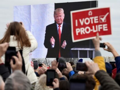 Pro-life demonstrators listen to President Donald Trump as he speaks at the 47th annual &q