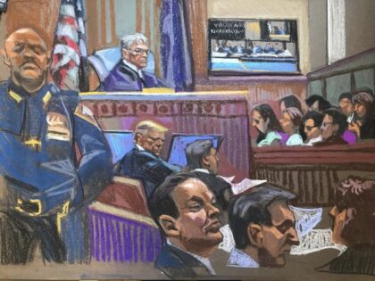 In this courtroom sketch, former President Donald Trump sits beside his lawyer Todd Blanch