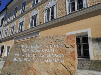 BRAUNAU AM INN, AUSTRIA - 2017/08/30: In front of Hitlers birthplace there is a stone from