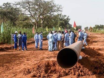 Workers from Niger and China are seen on the construction site of an oil pipeline in the r