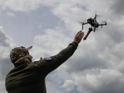 LVIV REGION, UKRAINE - MAY 12: Ukrainian military learn to fly drones with bombs attached