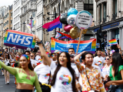 LONDON, ENGLAND - JULY 01: NHS employees marching towards Trafalgar Square during the Gay