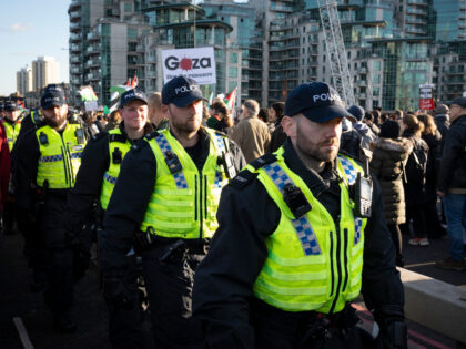 Police officers and protesters on Vauxhall Bridge during the pro-Palestinian march through
