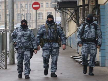 Russian law enforcement officers secure an area outside the Basmanny District Court in Mos