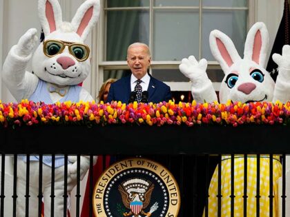 U.S. President Joe Biden address guests from the Truman Balcony during the White House Eas