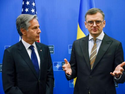 Ukraine's Foreign Minister Dmytro Kuleba (R) speaks during a meeting with US Secretar