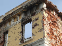 KHARKIV, UKRAINE - APRIL 13, 2024 - A school damaged by Russian shelling, Kharkiv, northea