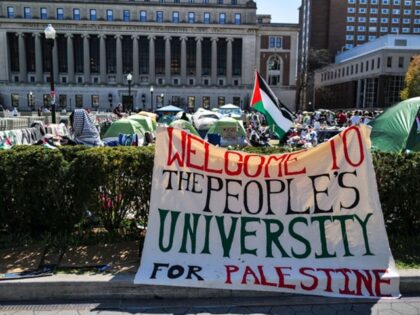 People rally on the campus of Columbia University which is occupied by pro-Palestian prote