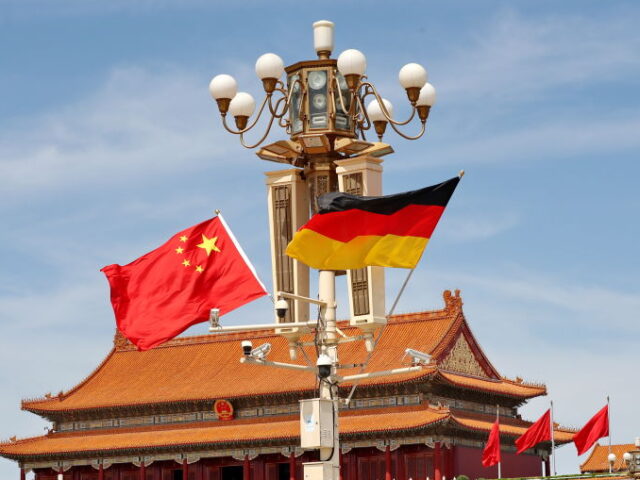 BEIJING, CHINA - APRIL 16: The national flags of Germany and China flutter at Tian'an
