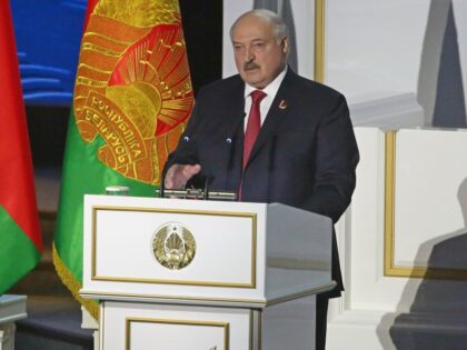 Belarusian President Alexander Lukashenko delivers a speech during the All-Belarusian Peop