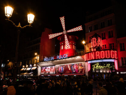 A photograph taken in Paris on April 9, 2024, shows an outside view of the Moulin Rouge mu