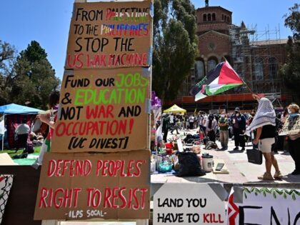 Pro-Palestinian students protest at an encampment on the campus of the University of Calif