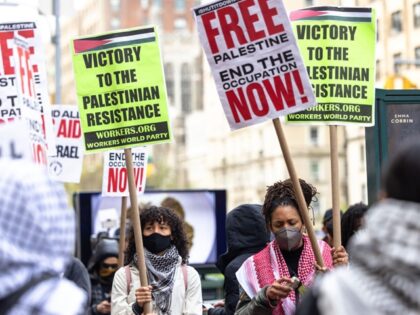 NEW YORK, NEW YORK - APRIL 24: Pro-Palestinian protesters hold a small rally outside of Co