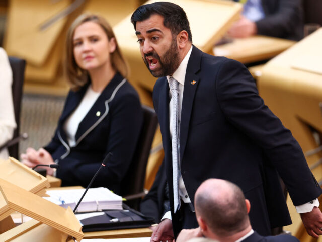 EDINBURGH, SCOTLAND - APRIL 25: Scottish First Minister Humza Yousaf reacts as he answers