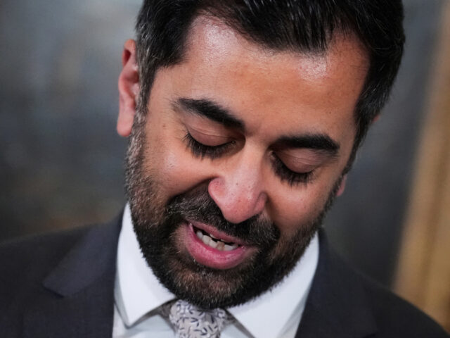 Scotland's First Minister Humza Yousaf announces his resignation during a statement, at Bu
