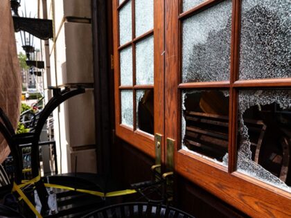 A damaged entrance to Hamilton Hall at Columbia University in New York, US, on Tuesday, Ap