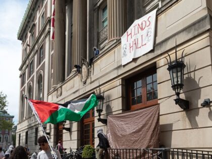 Pro-Palestinian student protestors wave a Palestinian flag as they gather on the front ste