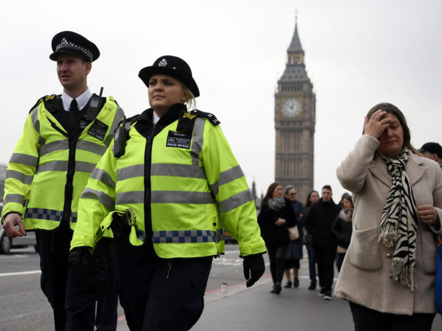 LONDON, ENGLAND - MARCH 24: Police officers patrol on Westminster Bridge on March 24, 2017