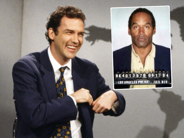 (INSET: OJ Simpson mugshot) Norm MacDonald during the 'Weekend Update' skit on April 12, 1
