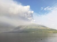 Mount Ruang volcano is seen during the eruption from Tagulandang Island, Indonesia, Thursd