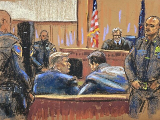 In this courtroom sketch, former U.S. President Donald Trump, left, sits with his attorney