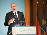 26 April 2024, Berlin: Ilham Aliyev, President of Azerbaijan, speaks during the Petersberg