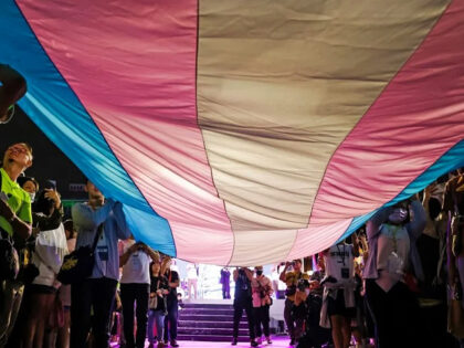 Activists carry a transgender flag during the annual Taiwan Trans March, along a street ne