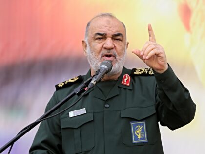 Head of Iran's Islamic Revolutionary Guard Corps (IRGC) Hossein Salami delivers a speech d