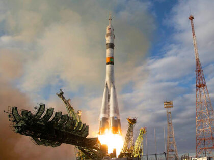 In this photo released by Roscosmos space corporation, the Soyuz 2.1a rocket with Soyuz MS