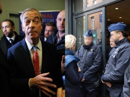 British eurosceptic populist Nigel Farage speaks to journalists at the "NatCon" national c