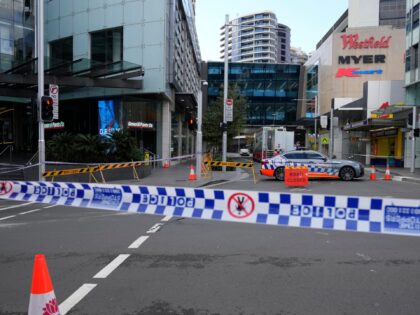 Police block a street near a crime scene at Bondi Junction in Sydney, Sunday, April 14, 20