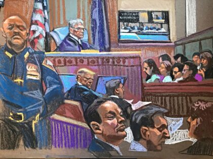 In this courtroom sketch, former President Donald Trump sits beside his lawyer Todd Blanch