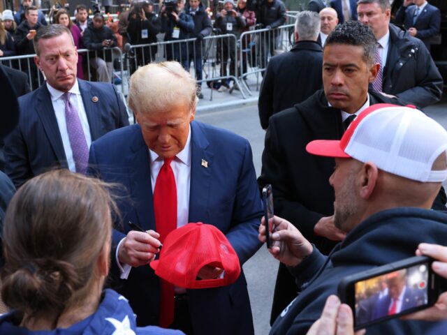 NEW YORK, NEW YORK - APRIL 25: Former U.S. President Donald Trump greets union workers at