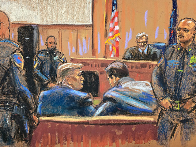 In this courtroom sketch, former U.S. President Donald Trump, left, sits with his attorney