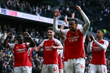 Arsenal celebrate their win at north London rivals Tottenham