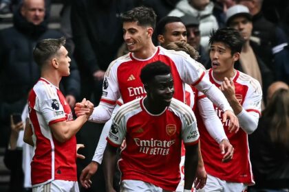 Arsenal's Kai Havertz celebrates after scoring against Tottenham