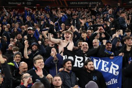 Atalanta fans celebrate after their astonishing first-leg win at Anfield