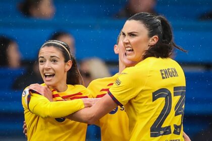 Barcelona's Aitana Bonmati (L) celebrates scoring against Chelsea in the Women's Champions