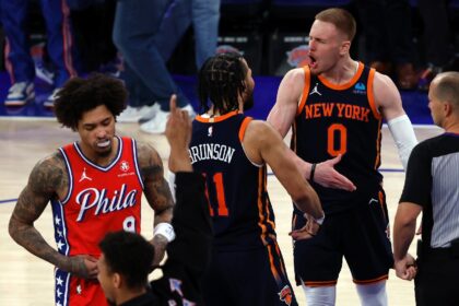 Donte DiVincenzo and Jalen Brunson of the New York Knicks celebrate late in the Knicks' vi