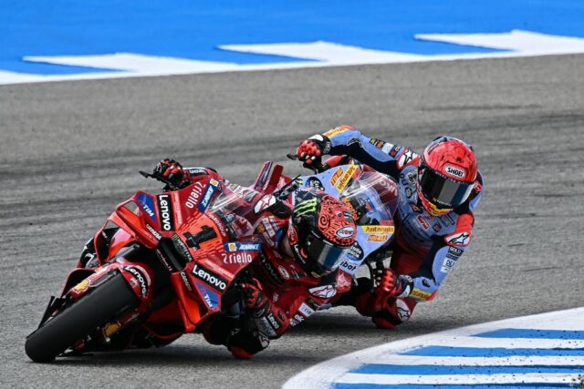 Francesco Bagnaia holding off Marc Marquez in a thriller at Jerez