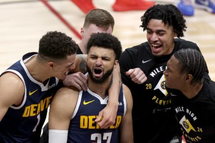 Jamal Murray celebrates his game-winning basket in Denver's series-clinching win over the