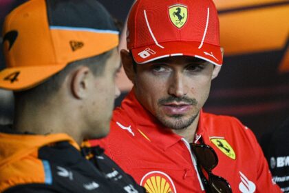 McLaren's Lando Norris (L) and Ferrari's Charles Leclerc attend a press conference at the