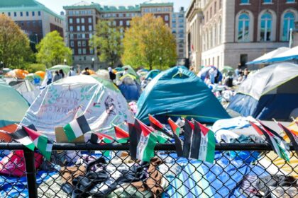 Palestinian flags are seen around the encampment on the campus of Columbia University in N