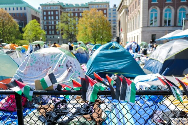 Palestinian flags are seen around the encampment on the campus of Columbia University in N