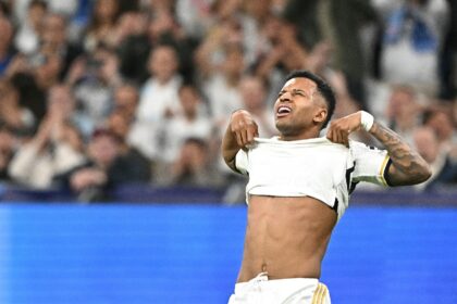 Real Madrid's Brazilian forward Rodrygo celebrates scoring against Man City in the first l
