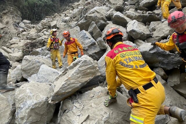 Rescuers search the Taroko National Park after an earthquake in Hualien