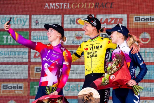 All smiles: Lorena Wiebes takes a selfie with race winner Marianne Vos and third-placed In