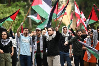 Students held a pro-Palestinian demonstration at the American University of Beirut in the