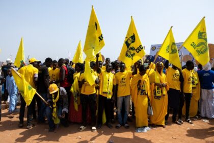 Supporters of junta leader Mahamat Idriss Deby Itno at a rally in Moundou, southern Chad,
